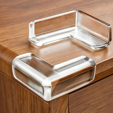 Four Pack Soft PVC Table Corner Protectors L Shaped Furniture Guards easy install on wooden table corner