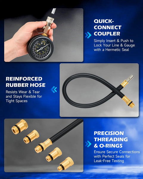 8-Piece Gas Engine Cylinder Pressure Test Kit With 300 PSI Dual Gauge, All-In-One Compression Tester Set For Cars And Small Engines, Includes Adapters, Connectors, And Flexible Extension Hose with gauge, hose, and brass fittings