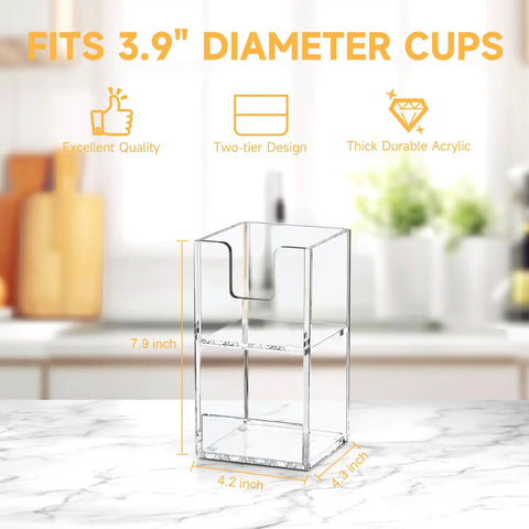 Two Tier Upright Cup And Condiment Organizer With Two Compartment Clear Acrylic Cup Dispenser on countertop
