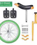 20 Inch Outdoor Unicycle With Adjustable Seat For Adults And Kids, includes green wheel, pedals, seat, frame, wrench, yellow green