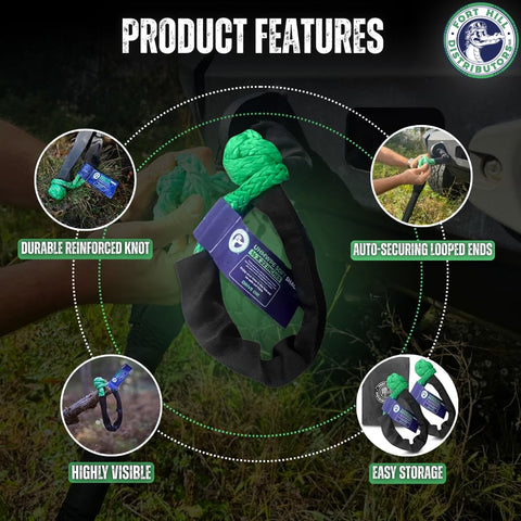 Close-up of Soft Shackle Recovery Kit 2 Pack 1/2 Inch By 22 Inch Off Road Tow Kit with green synthetic rope and bag