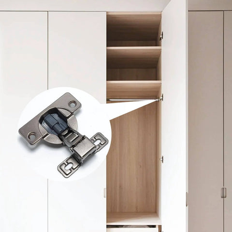 4 Pack Soft Close Cabinet Hinges For Kitchen And RV Concealed Self Closing Hidden Hinges Adjustable 3 Way Overlay For Face Frame Cabinets Durable Carbon Steel In Titanium Gold Finish, installed on a cabinet door.