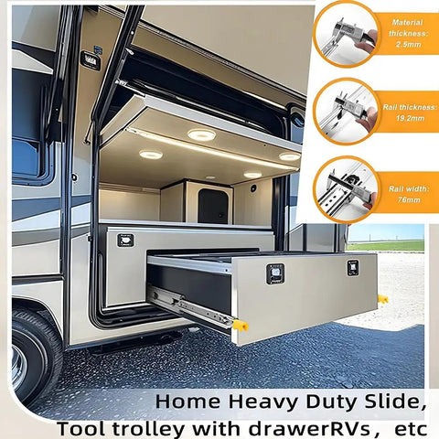 RV with extended storage drawer using Beefy 32 Inch Full Extension Drawer Slides With Lock And Side Mount Ball Bearing Glides, 500 Pound Load Capacity
