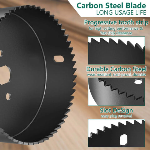 Hole saw set HYCHIKA, 19-Pc kit with carbon steel blades (3/4-6 in) includes mandrels, plate, hex key.