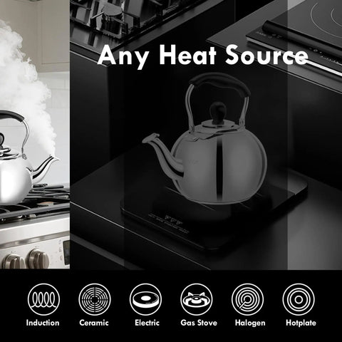 Stovetop 2 Quart Tea Kettle With Whistle in 18/8 Stainless Steel shown on various heat sources including gas and electric stoves.