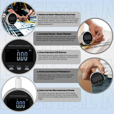 Workhorse Digital Measuring Wheel With LCD Display And Multiple Unit Support Electronic Tape Measure For Flat Surfaces Curves Diameters And Irregular Objects Ideal For Construction Home Renovation And Landscaping Projects. LCD display measuring wheel with USB charging in hand