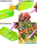 Image showing steps using Dope Diamond Art Painting Tools Kit With 12 Trays, 22 Glue Clays, 5 Pens and DIY Accessories for crafting.