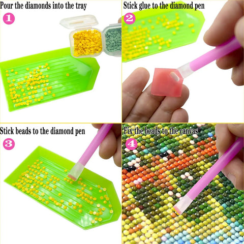 Image showing steps using Dope Diamond Art Painting Tools Kit With 12 Trays, 22 Glue Clays, 5 Pens and DIY Accessories for crafting.