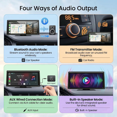 Four audio output modes for the 8.1 Inch Wireless CarPlay Screen With 2K Front Dash Cam And 1080P Rear Backup Camera