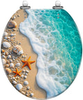 Round Toilet Seat Resin for Bathroom featuring a beach scene with shells and starfish, ocean waves visible.