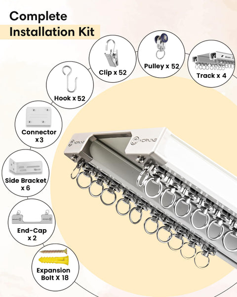 Dual Track Ceiling And Wall Curtain System, Heavy Duty Double Rails With Silent Slides For Room Dividers, 8ft To 10ft Length, Includes Hooks Clips Brackets, White complete installation kit with hooks, clips, pulleys