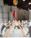 Gravity Powered Automatic Safety Hook for 2200 Lb Lifting in warehouse setting with ton bag hanging