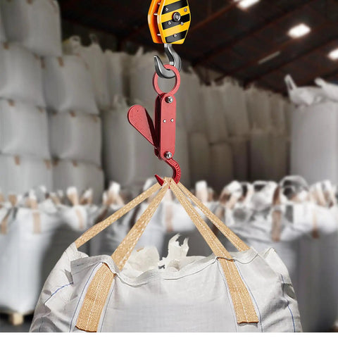 Gravity Powered Automatic Safety Hook for 2200 Lb Lifting in warehouse setting with ton bag hanging