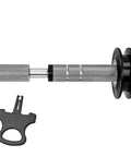 Dummy Hub Bike Chain Holder For Thru Axle Frames With Elastic Snap Fit And Dual POM Bearings, shown with key, black/silver, 142-148mm