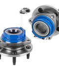 Front Wheel Hub Bearing Assemblies With ABS 5 Lug Two Piece Set Compatible With Chevrolet Impala, blue and silver design, close-up view