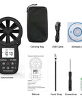 866A HVAC Anemometer Pro CFM Air Flow Meter With USB Handheld Wind Speed Temperature Humidity And Dew Point Gauge For Ductwork And HVAC Pros Boss Level Airflow Monitoring Device kit with case, USB cable, manual, and battery