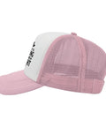 Side view of Pink Womens Baseball Cap featuring breathable mesh back, low profile with sun visor, six air vents, lightweight polyester.