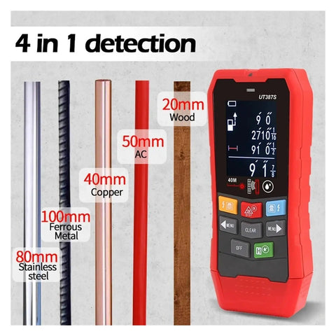 Knockout 4 In 1 Wall Scanner And Metal Detector displays detection modes for wood, AC, copper, and metal detection.