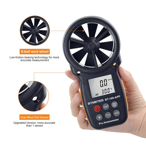 BT100APP Wireless Bluetooth Anemometer Handheld Wind Speed Meter With Temperature Wind Chill And Air Velocity Readings In Five Units Meters Per Second Kilometers Per Hour Feet Per Minute Knots Miles Per Hour And Battery Power Display For On The Go 8-leaf wheel