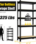 Beefy 5 Tier Adjustable Garage Storage Shelves Rack Heavy Duty Metal Utility Shelf Unit For Warehouse Pantry Closet Kitchen And Basement Black 28 W X 12 D X 59 H shown with load capacity and dimensions.