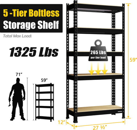 Beefy 5 Tier Adjustable Garage Storage Shelves Rack Heavy Duty Metal Utility Shelf Unit For Warehouse Pantry Closet Kitchen And Basement Black 28 W X 12 D X 59 H shown with load capacity and dimensions.