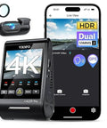 A229 Pro 4K HDR Dash Cam With Dual STARVIS 2 Sensors IMX678 And IMX675 Front 4K And Rear 2K Car Camera, shown with app display.