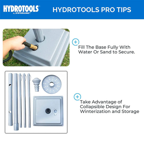 Premium Free Standing Poolside Towel Rack With Water Weighted Base assembly tips and components, Hydrotools guide.