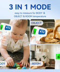 3 In 1 Non Contact Infrared Thermometer For Forehead Fever Check, Kid Friendly For Babies, Kids, And Adults, Also Reads Milk Food And Room Temperature, Backlit LCD, Fever Alarm, Batteries Not Included, used on baby, food, and room