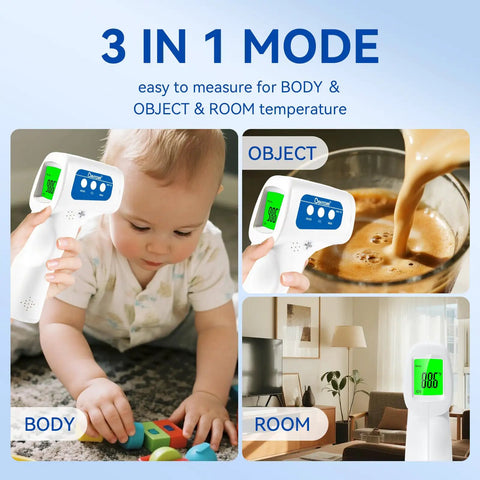 3 In 1 Non Contact Infrared Thermometer For Forehead Fever Check, Kid Friendly For Babies, Kids, And Adults, Also Reads Milk Food And Room Temperature, Backlit LCD, Fever Alarm, Batteries Not Included, used on baby, food, and room