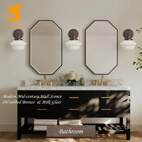 Wall Sconce Lighting Oil Rubbed Bronze Milk Glass Hardwired Wall Sconces above modern black bathroom vanity with mirrors.