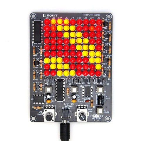 Top view of LED Chaser Soldering Practice Kit with 81 LEDs on a PCB board for STEM projects, showing dynamic graph patterns EK1974