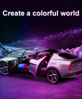 Futuristic car interior with Acrylic Interior Car Led Lighting Kit With Remote And Wireless App 6 In 1 Ambient Lighting System glowing.