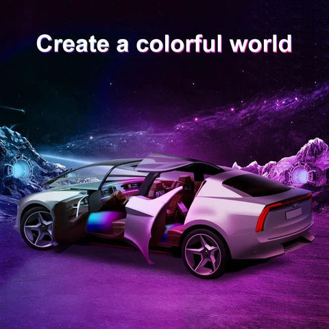 Futuristic car interior with Acrylic Interior Car Led Lighting Kit With Remote And Wireless App 6 In 1 Ambient Lighting System glowing.