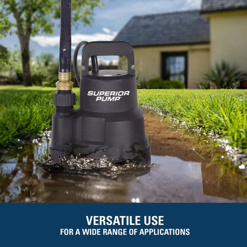 Superior Pump 91014 1/4 HP high-flow thermoplastic utility pump, black, with brass hose fitting, front view.