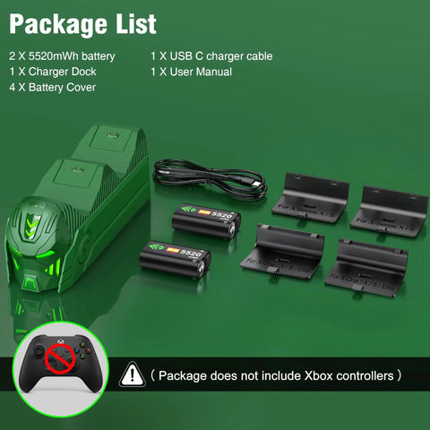 Green Upgraded Dual Controller Charger Dock with 2x5520mWh rechargeable battery packs, battery covers, USB-C cable, Xbox One Series X S