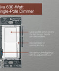 Diva Dimmer Switch For Incandescent And Halogen Bulbs 600 Watt Single Pole DV 600P WH White Finish showing slider and switch