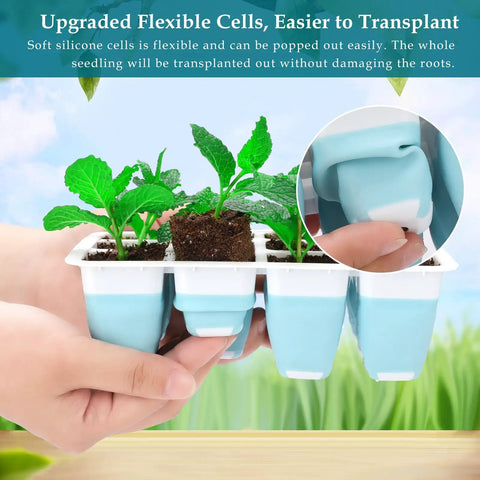 Indoor Seed Starter Kit With Grow Light 60 Flexible Cells 5 Pack Reusable Germination Trays showing silicone cells with seedlings