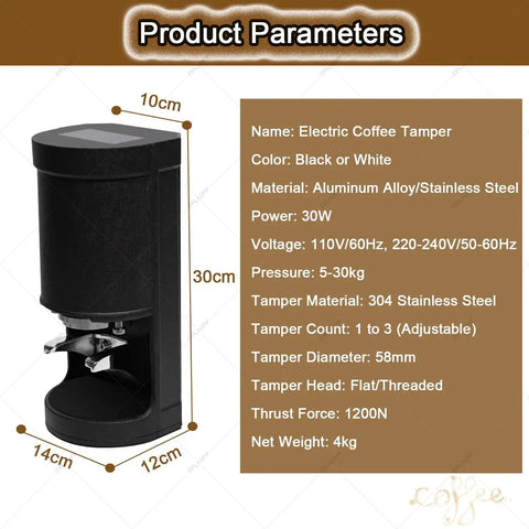 Top Tier Automatic Coffee Tamper 58mm With Touchscreen Pressure Dial and Adjustable Pound Setting For Smooth Espresso Extraction, black aluminum design.