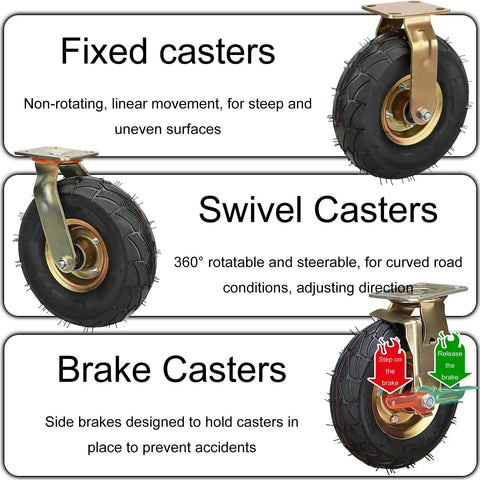 Set Of Four Rock Solid Pneumatic Caster Wheels With Smooth Rolling Rubber Tires For Cart And Furniture Moving Industrial Grade Hauling Gear With No Nonsense Real Deal Build with fixed, swivel, and brake wheel types.