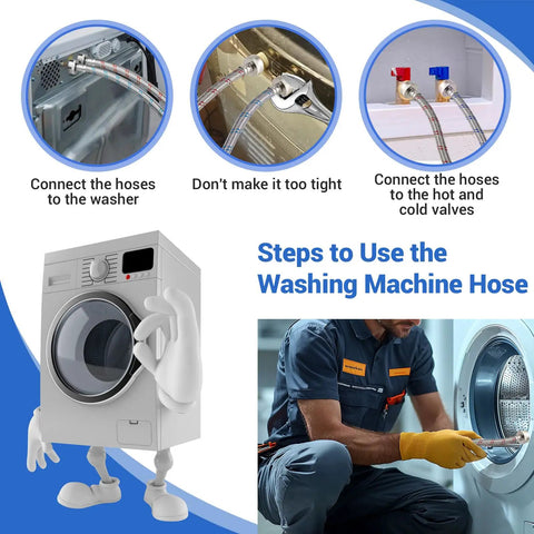 4 Ft Burst Proof Stainless Steel Washing Machine Hoses, 2 Pack Hot And Cold Striped Water Supply Lines with connector illustration