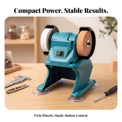 Kickass Compact Bench Grinder Featuring Dual Wheel Sharpening And Polishing Rig With Rugged Suction Base Front Toggle Switch And Versatile White Brown Grinding Discs For Garage Builds on work table.