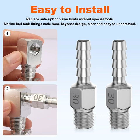 Anti Siphon Fuel Valve Fitting For Marine Fuel Tanks With One Quarter Inch NPT Threads And Three Eighths Inch ID Pickup Tube Two Point Two Inch Marine Tank Connector For Most Boat Gas Tanks Pack Of Two featuring installation process and valve detail