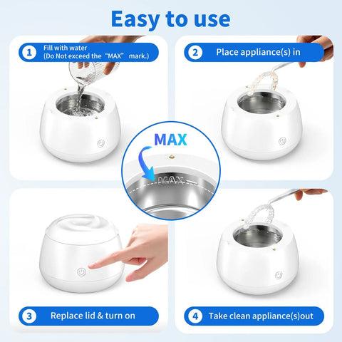 Step-by-step use of Ultrasonic Retainer Cleaner Pod With 48kHz Deep Cleaning, 200ML capacity, showing water fill and appliance placement.