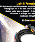 50A Air Inverter Plasma Cutter With Non-Touch Pilot Arc cutting steel on 240 volts, showcasing sparks and PrimeWeld branding.