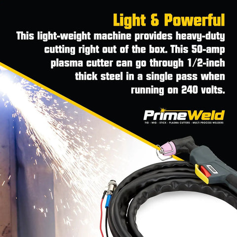 50A Air Inverter Plasma Cutter With Non-Touch Pilot Arc cutting steel on 240 volts, showcasing sparks and PrimeWeld branding.