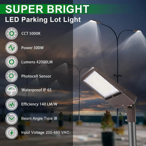 Ultra Bright 480V 300W LED Parking Lot Light for Outdoor Commercial Areas with 42000 Lumens IP65 Waterproof Shoebox