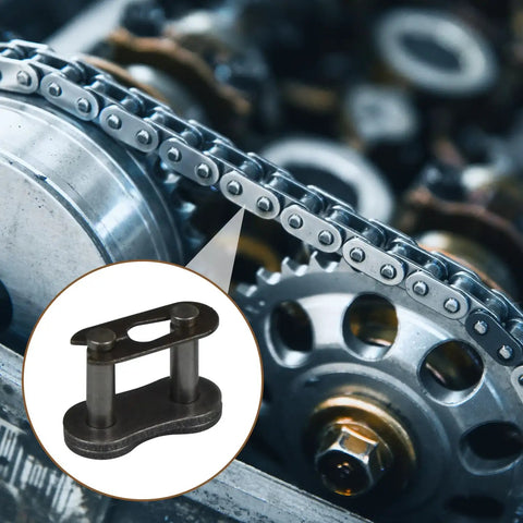 Close-up of Heavy Duty Steel Alloy Chain Master Link Connectors 35 for bike chain assembly, highlighting sprockets and connectors.