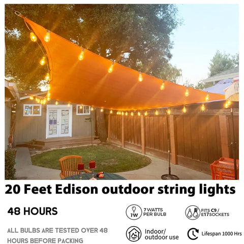 Outdoor String Lights 20Ft With 22 Edison Bulbs E17 Base Vintage Warm White illuminating patio area at dusk