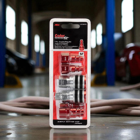 Front view of Colorfit Milton 7-pc coupler and plug kit packaging with red fittings.