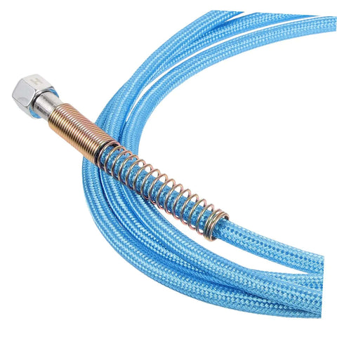 Sky-blue PTFE steam hose, rustproof and flexible, for irons and industry, showing coiled metal and threaded connector.
